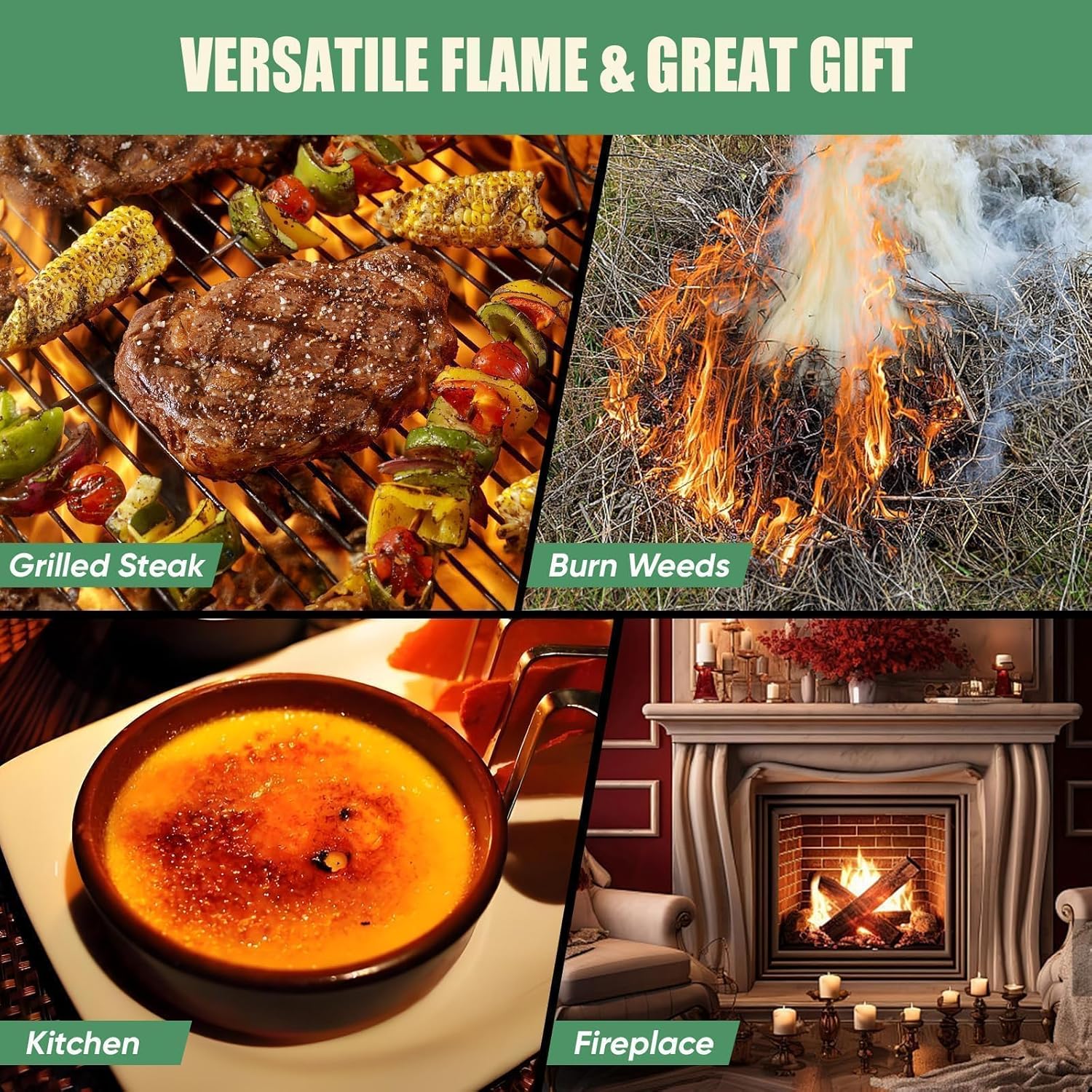 Autonix torch use cases: searing steak, burning weeds, culinary finishing, and lighting fireplaces