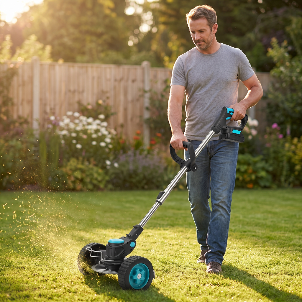 Man standing fully upright walking the Autonix GT-20 across a lawn, cut grass spraying from the blade