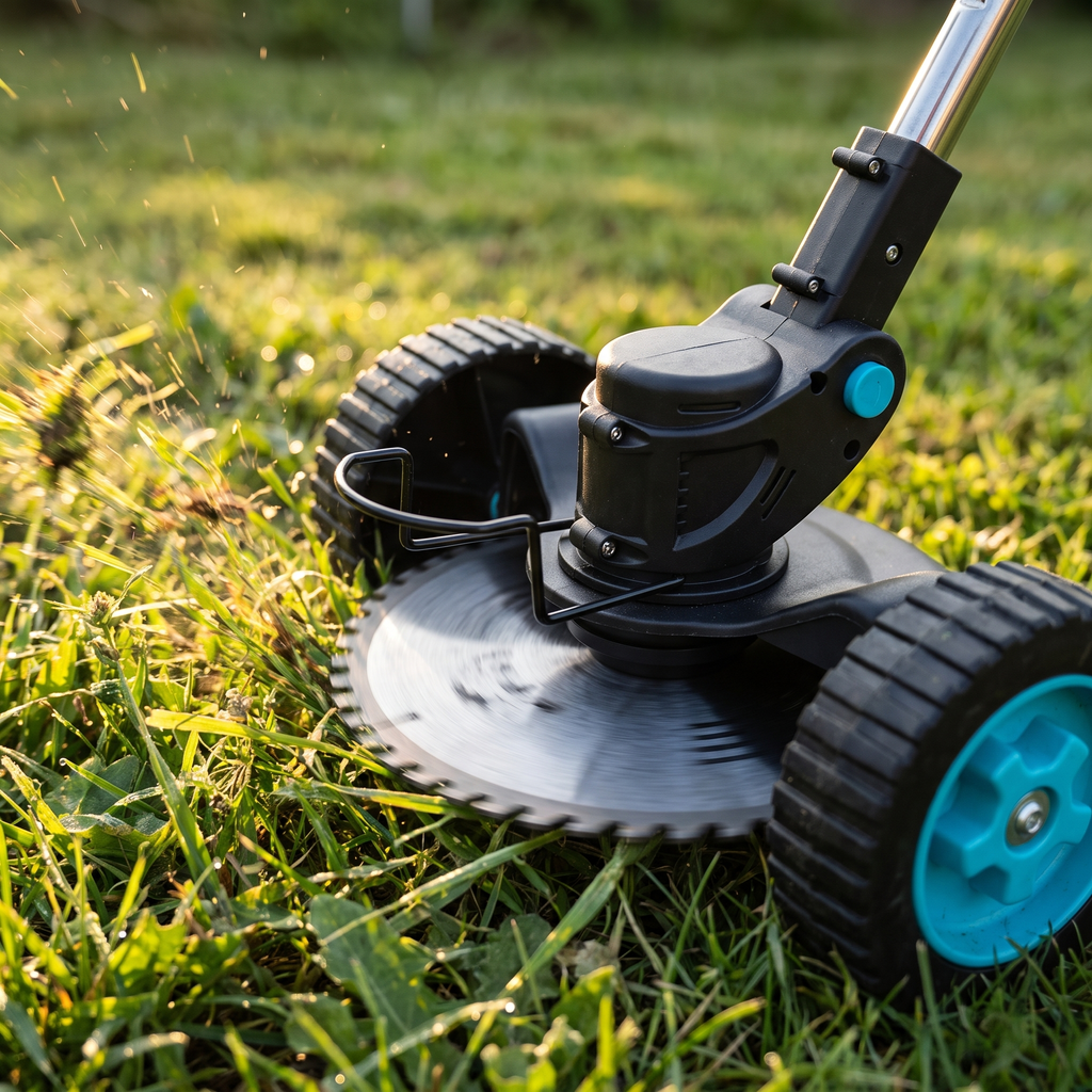 Close-up of the Autonix GT-20 circular steel saw blade spinning through grass between its twin support wheels