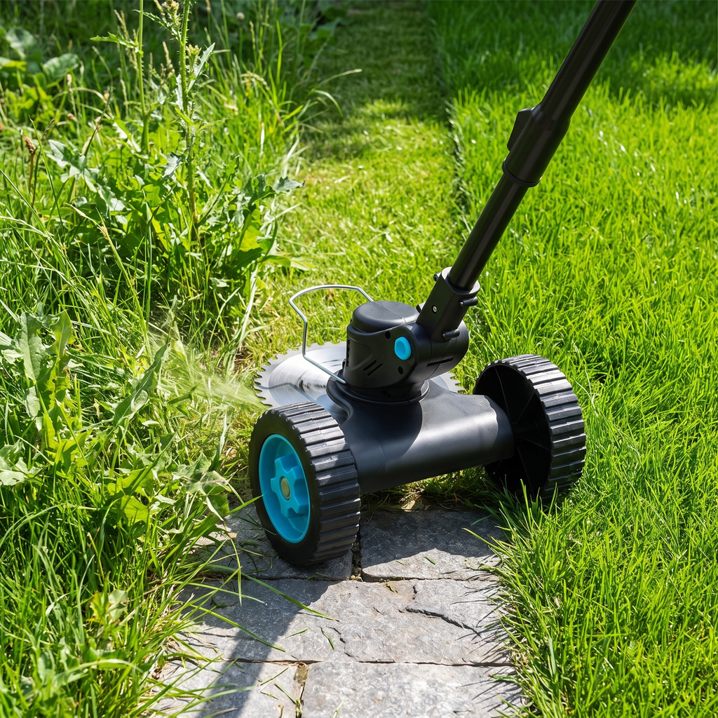 Autonix GT-20 cutting overgrown weeds into a razor sharp edge along a stone garden path