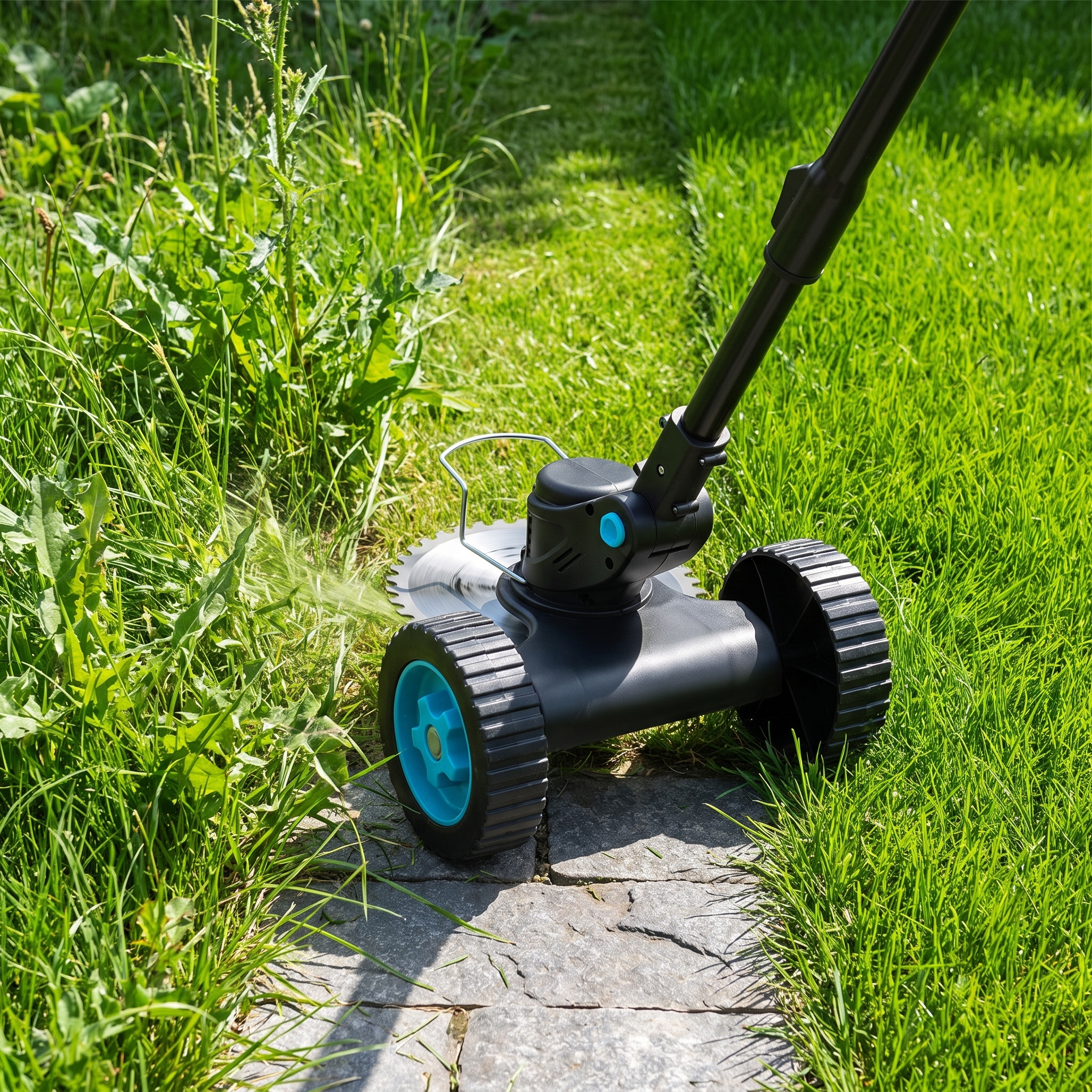 Autonix GT-20 cutting overgrown weeds into a razor sharp edge along a stone garden path