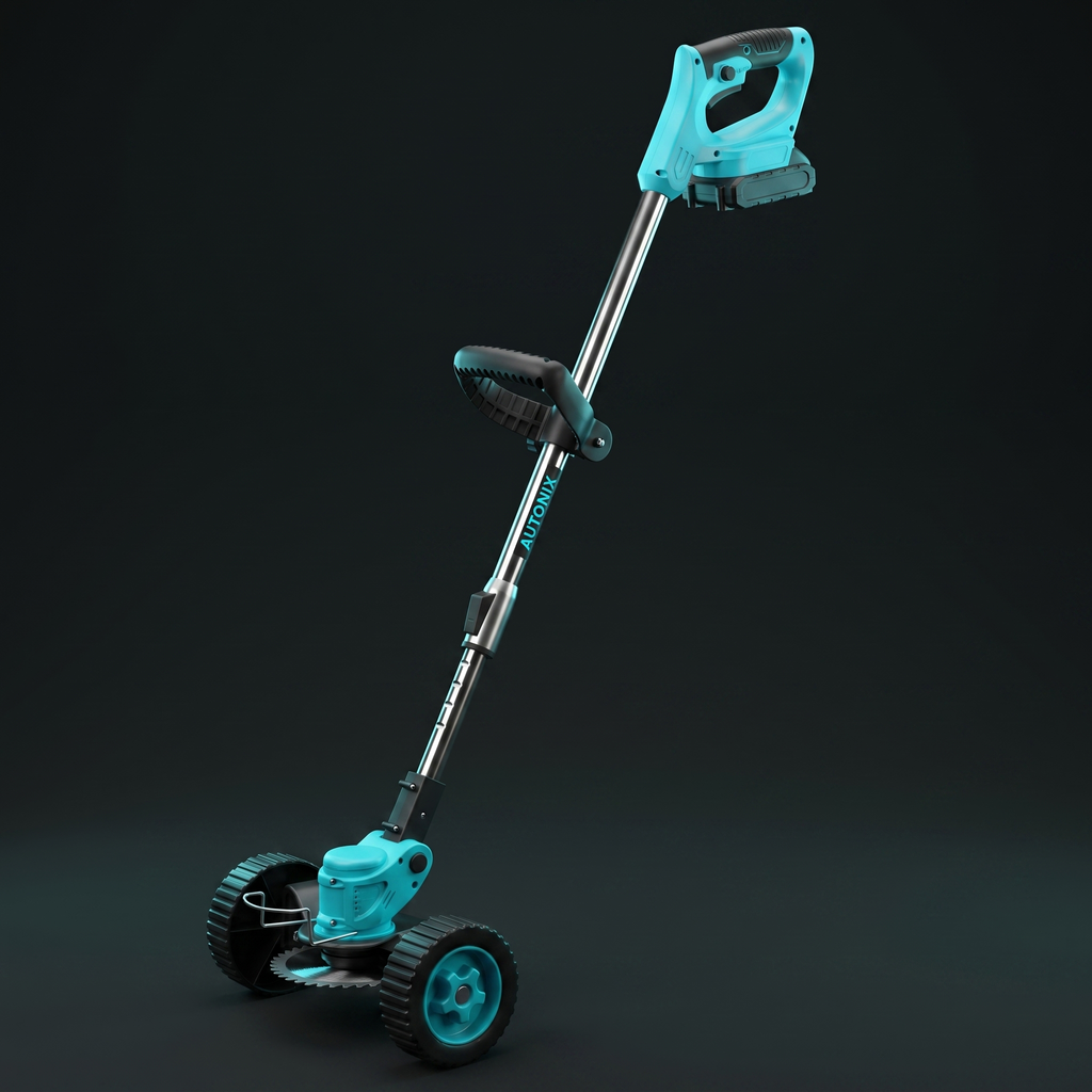 Autonix GT-20 cordless wheeled grass trimmer with steel blade head, telescopic shaft and twin wheels