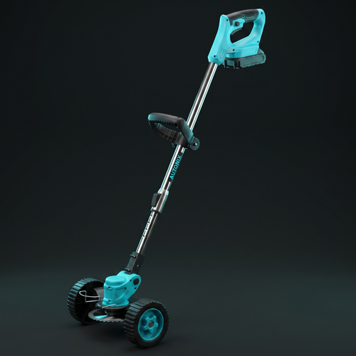 Autonix GT-20 cordless wheeled grass trimmer with steel blade head, telescopic shaft and twin wheels
